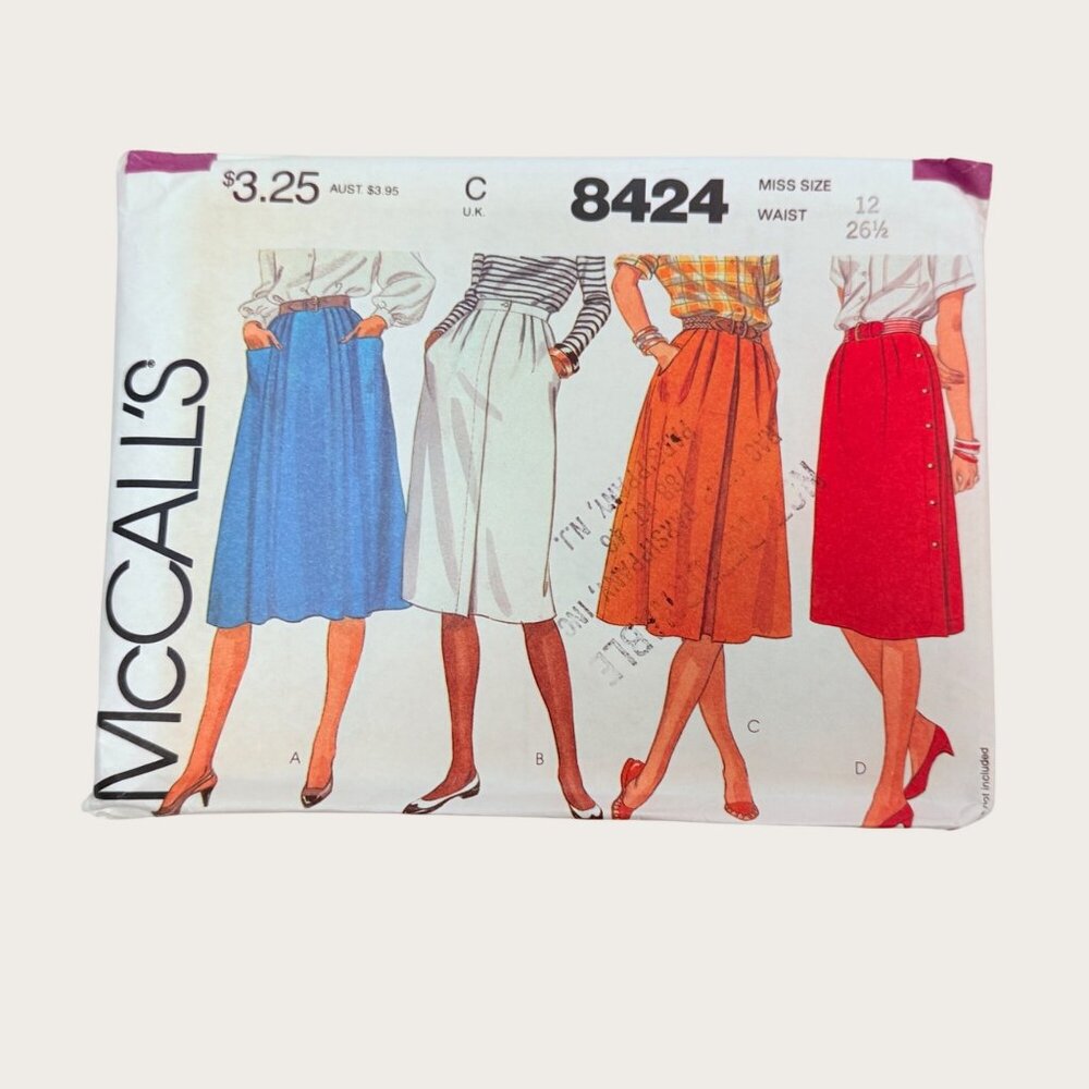 Vintage 1980s McCalls Sewing Pattern 8424 Misses Skirt Size 12 Waist 26.5 Uncut